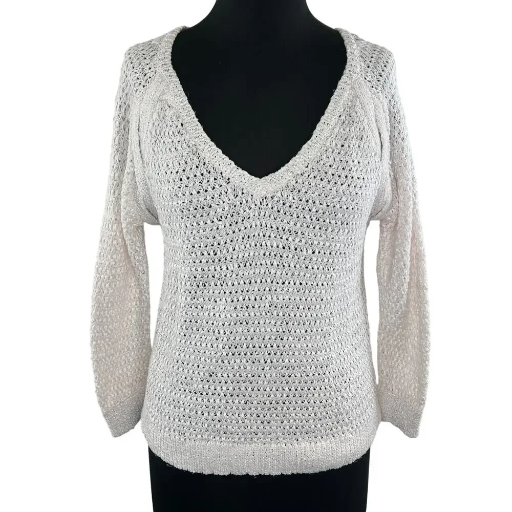 White + Warren Cotton Blend Long Sleeve Open Knit Sweater Size S Small